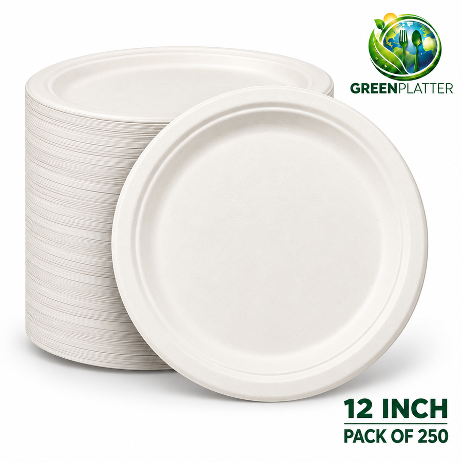 Green Platter 12 inch heavy duty bagasse pizza plates for pizza vans and takeaways