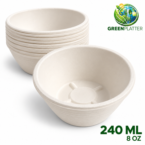 Greenplatter 240ml bagasse bowls with stack