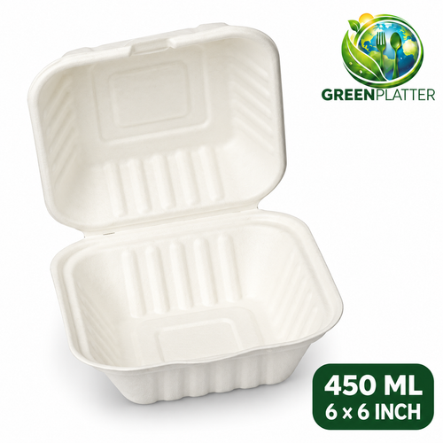 Greenplatter 450ml Bagasse Clamshell Takeaway Boxes – 6 x 6 Inch on white background