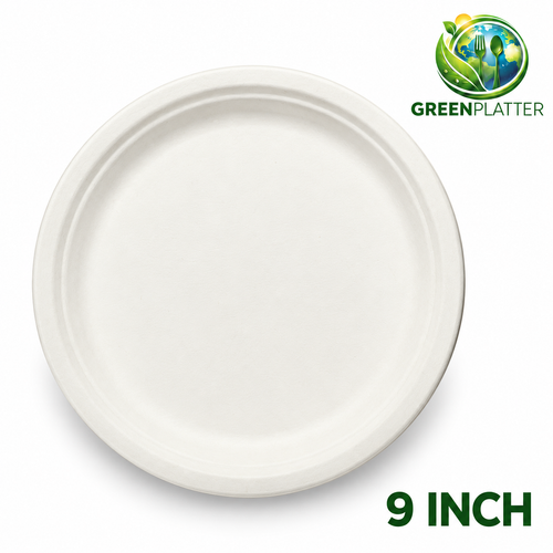 Greenplatter 9 inch round bagasse plate on white background