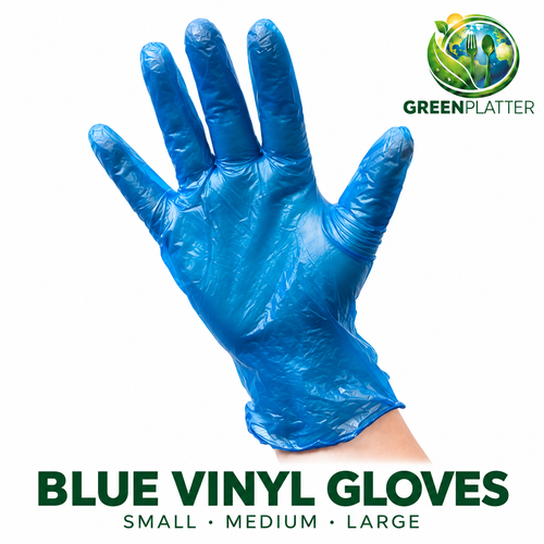 Greenplatter blue vinyl gloves, small medium and large