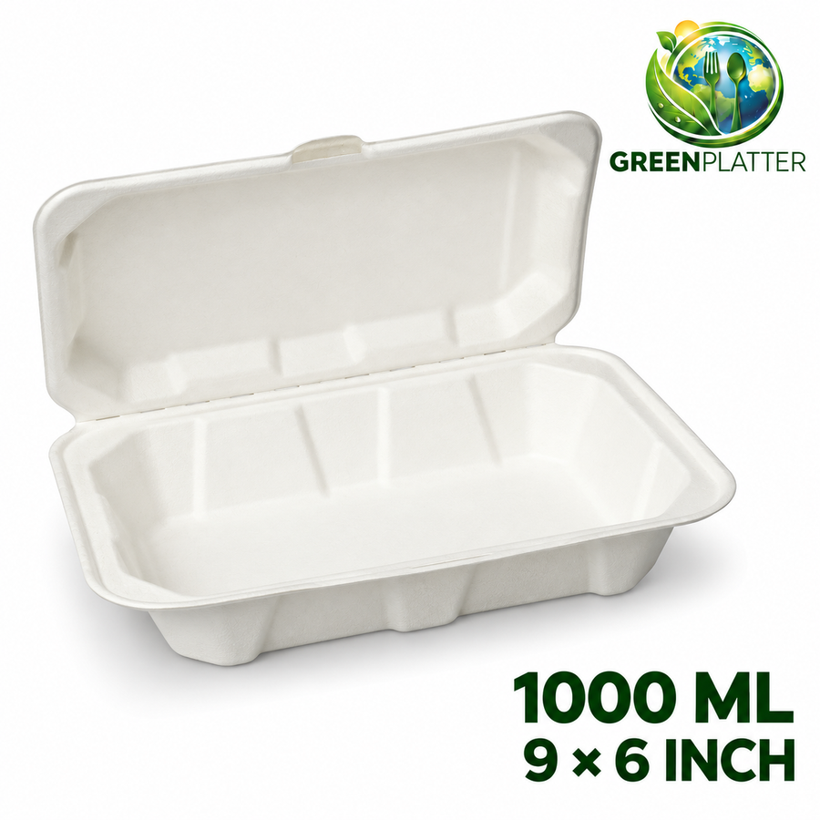 Compostable bagasse clamshell takeaway box, a plastic-free alternative to banned polystyrene food containers