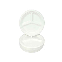 Stack of 10 inch three compartment bagasse plates