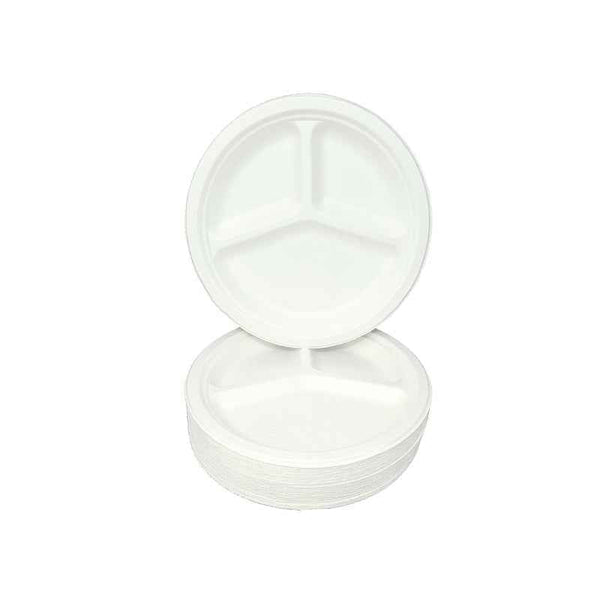 Eco Friendly Biodegradable Compostable Green Platter 9/10 inch 3 Compartment Round Plate (made from Sugarcane Bagasse)