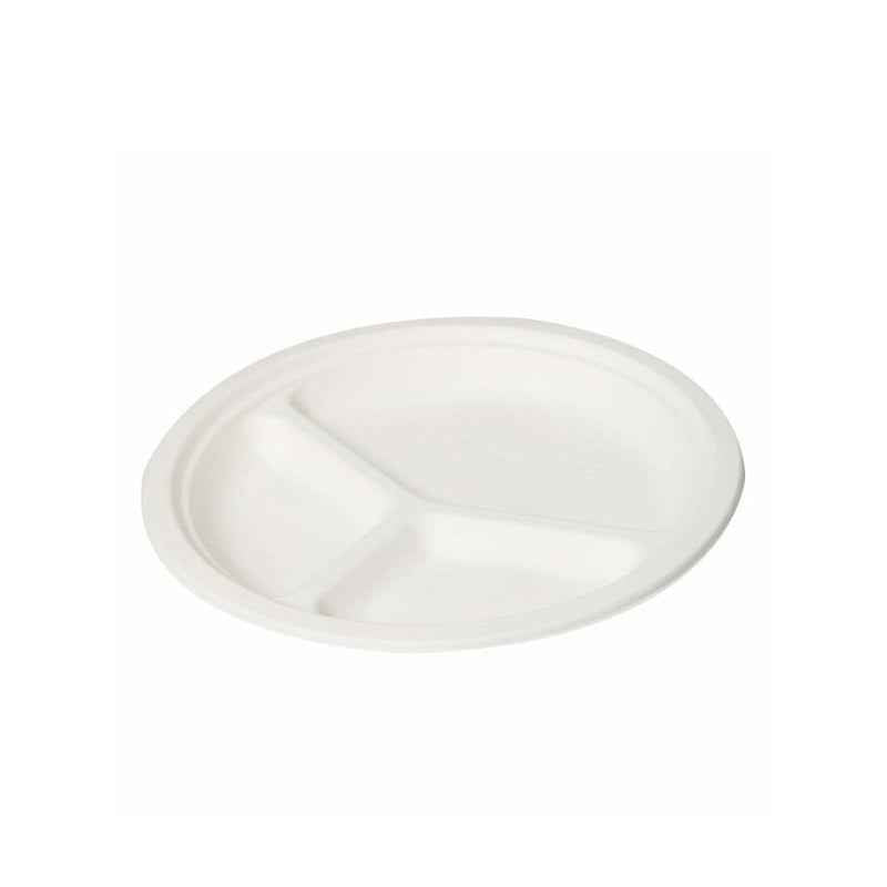 Eco Friendly Biodegradable Compostable Green Platter 9/10 inch 3 Compartment Round Plate (made from Sugarcane Bagasse)