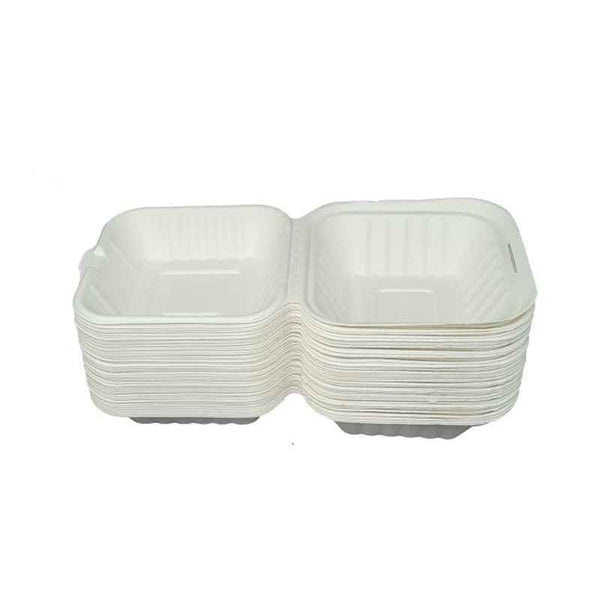 Eco Friendly Biodegradable Compostable Green Platter 450 ml Bagasse Clamshell Box – Size 6 inch x 6 inch x 3 inch (made from Sugarcane Bagasse)