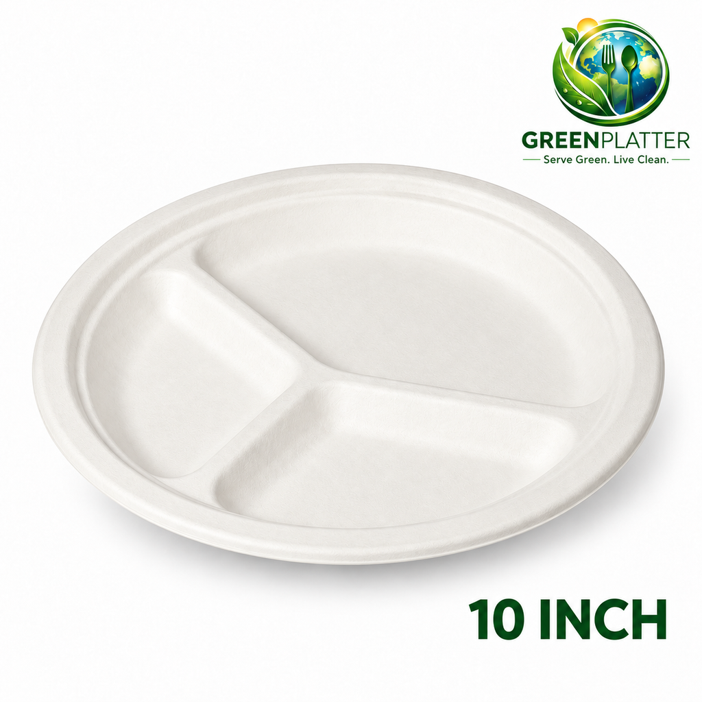 Greenplatter 10 inch three compartment compostable bagasse plate on white background