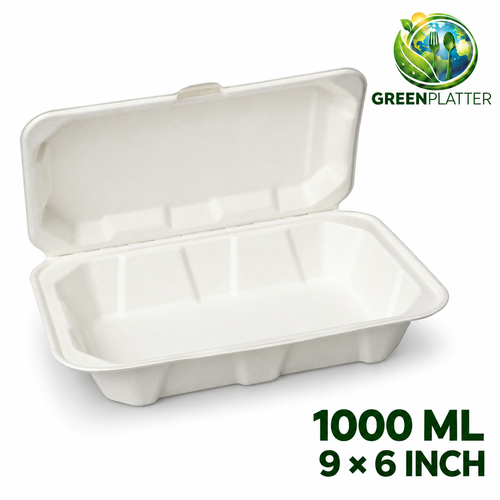 Greenplatter 1000ml Bagasse Clamshell Takeaway Boxes – 9 x 6 Inch on white background