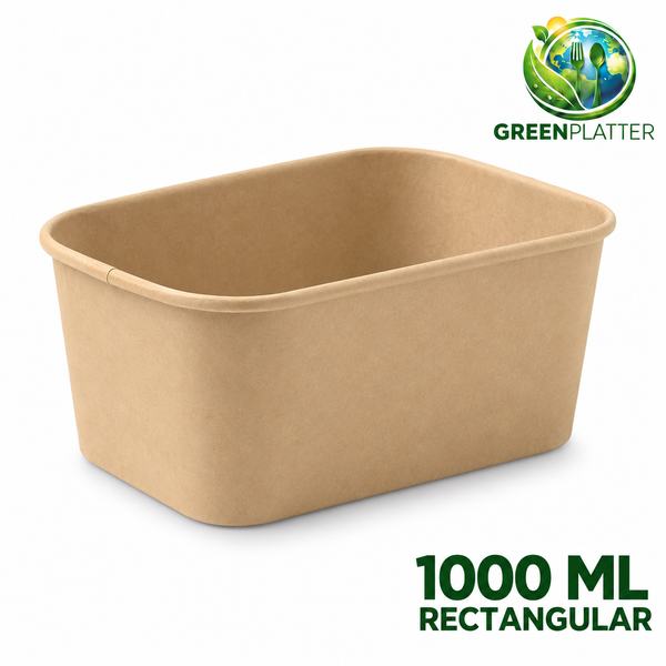 Greenplatter 1000ml Rectangular Kraft Deli Containers – 300 per Carton on white background