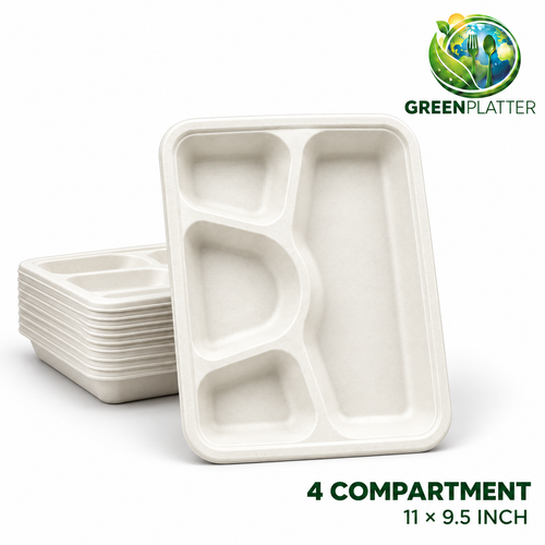 Greenplatter 4 compartment bagasse trays with stack