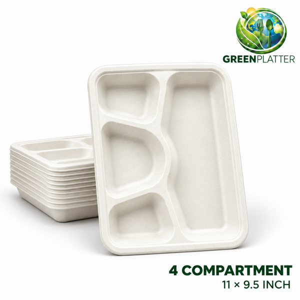 Greenplatter 4 compartment bagasse trays with stack