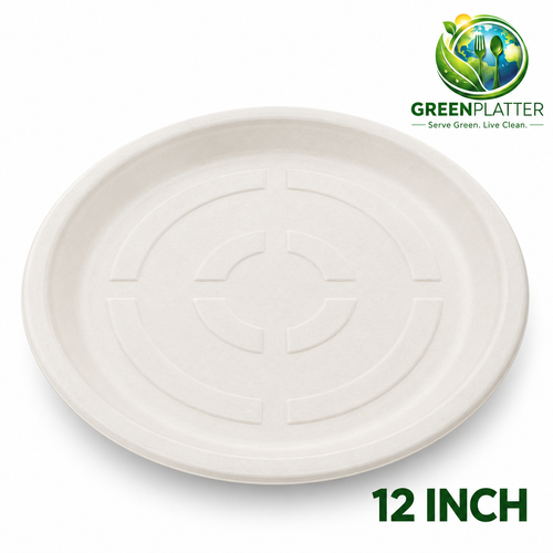 Greenplatter 12 inch round compostable bagasse plate on white background