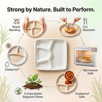 Four-compartment bagasse tray with strength and temperature-use illustrations