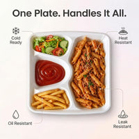 Four-compartment tray serving salad, sauce, fries and cooked food