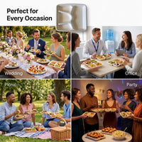 Four-compartment tray shown with wedding, office, picnic and party meal scenes
