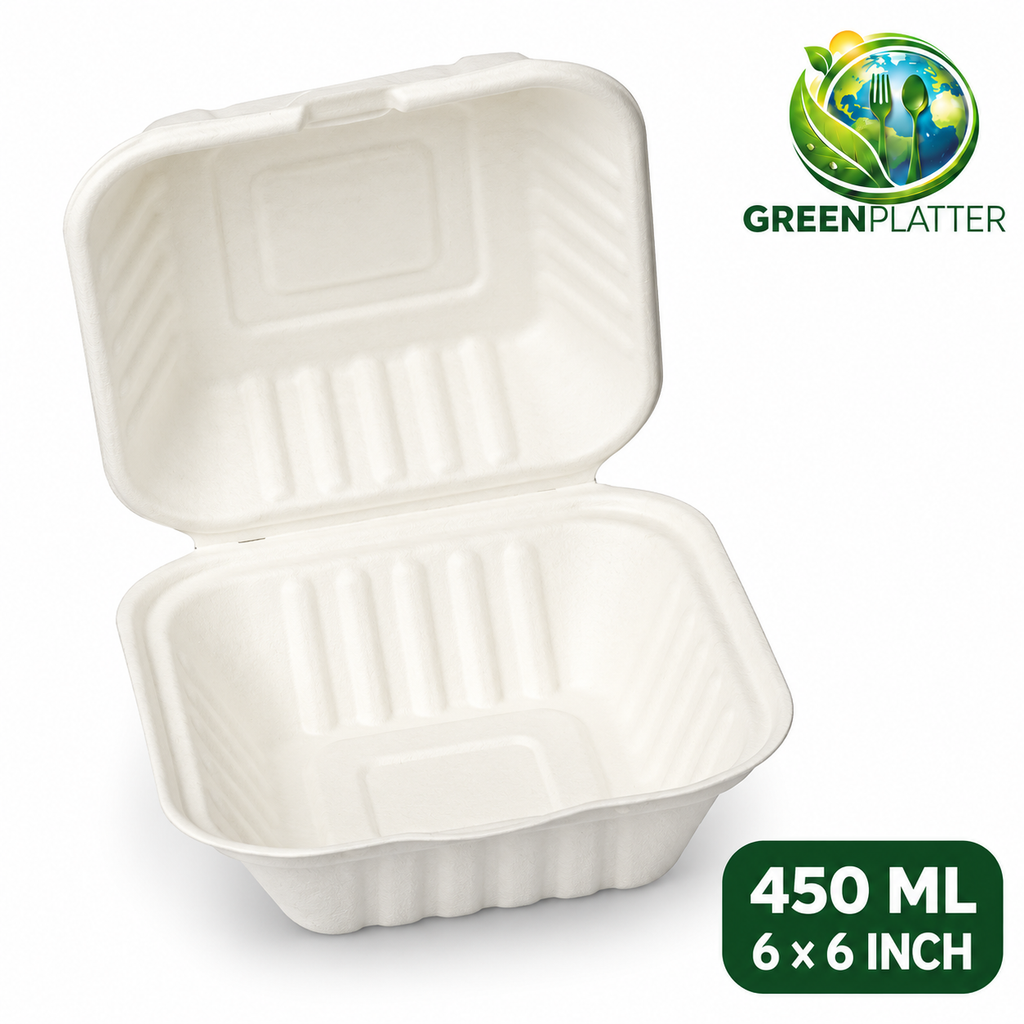 Greenplatter 450ml Bagasse Clamshell Takeaway Boxes – 6 x 6 Inch on white background