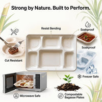 Six-compartment bagasse tray with strength and temperature-use illustrations