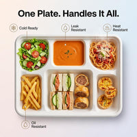 Six-compartment tray serving salad, soup, pasta, fries and sandwiches