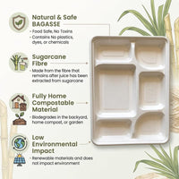 Six-compartment tray beside sugarcane fibre and compostability information