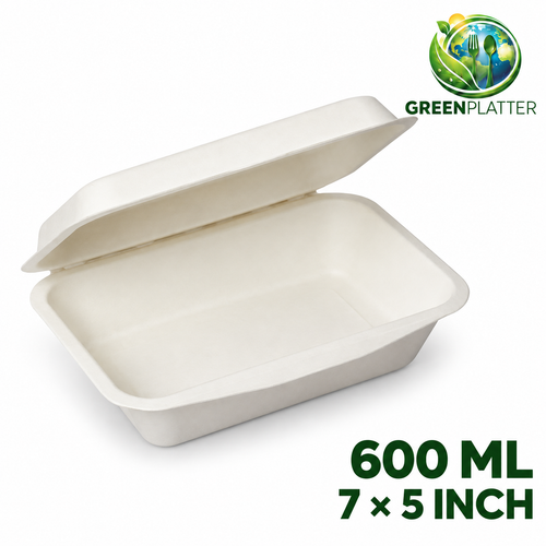 Greenplatter 600ml Bagasse Clamshell Takeaway Boxes – 7 x 5 Inch on white background