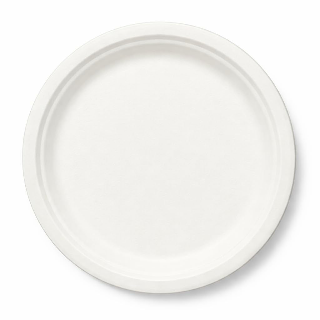 Green Platter 7 inch round bagasse plate, top view on white background