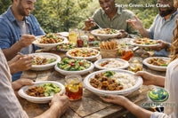People sharing an outdoor meal on round bagasse plates