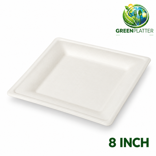 Greenplatter 8 inch square bagasse plate on white background