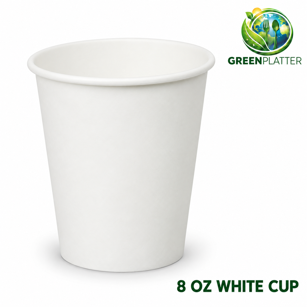 Greenplatter 8oz White Single Wall Paper Cups – 300gsm on white background